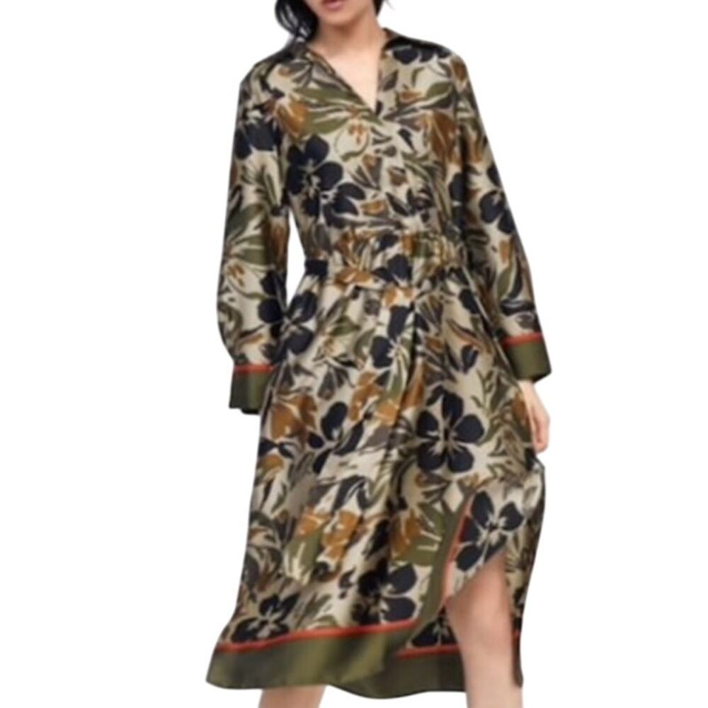 Zara S Womens Satin Floral Printed Midi Shirt Dress Green Olive Natural